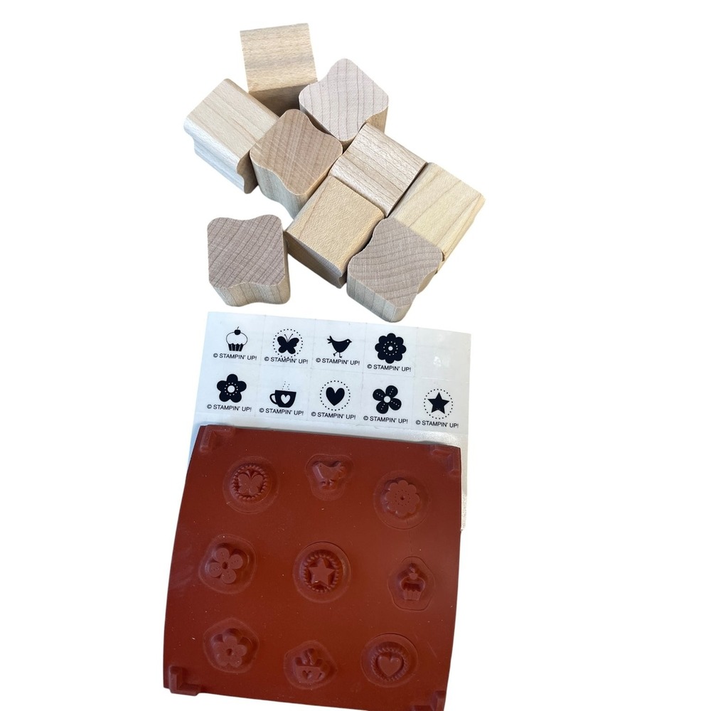 Stampin Up Itty Bitty Bits Rubber Stamp Set OS Tan Red Wood Mount 9pc Icons